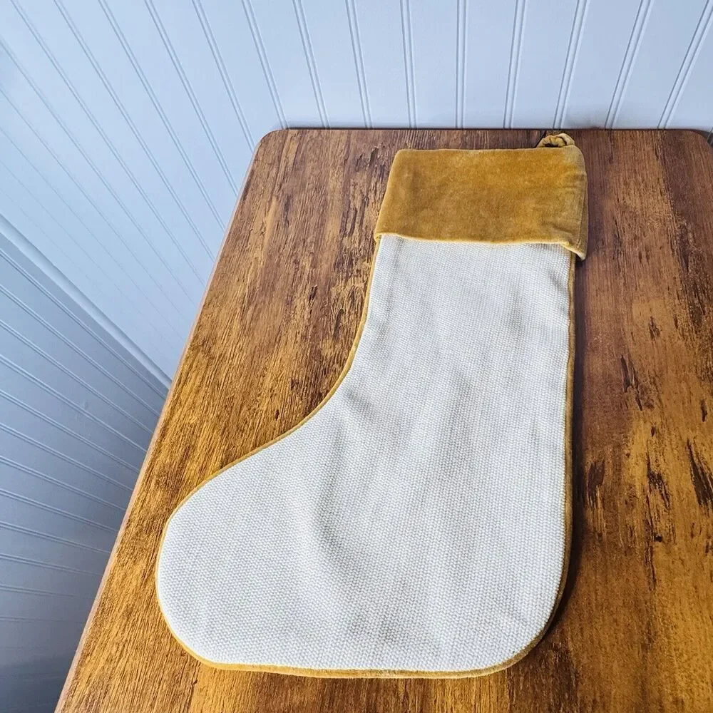 West Elm AUSTIN Classic Cotton Jute Velvet Ivory Gold Christmas Stocking NWOT